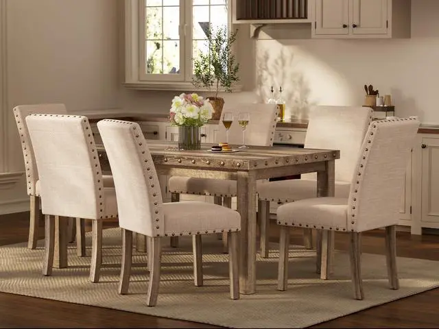 Alt view image 5 of 6 - Farmhouse Style Dining Chairs Set of 2, Rustic Upholstered Kitchen & Dining Room Chairs with Rivet Detailing, Solid Wood Legs & Sturdy Wooden Chair Design for Comfortable Seating