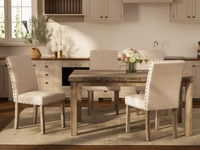 Alt view image 6 of 6 - Farmhouse Style Dining Chairs Set of 2, Rustic Upholstered Kitchen & Dining Room Chairs with Rivet Detailing, Solid Wood Legs & Sturdy Wooden Chair Design for Comfortable Seating