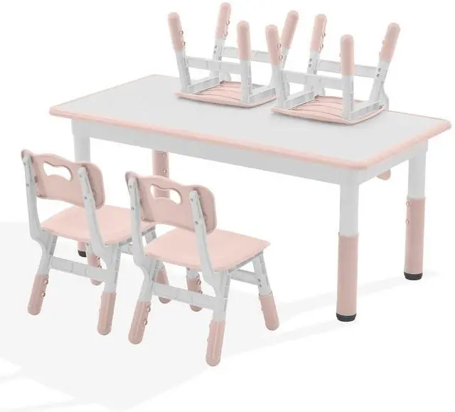 Main image of Kids Study Table and Chairs Set, Height Adjustable Toddler Table and Chair Set for Kids Ages 3-8, Graffiti Desktop Plastic Children Art Table with 4 Seats, Lovely Pink