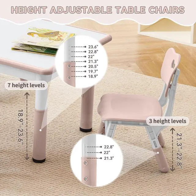 Alt view image 2 of 6 - Kids Study Table and Chairs Set, Height Adjustable Toddler Table and Chair Set for Kids Ages 3-8, Graffiti Desktop Plastic Children Art Table with 4 Seats, Lovely Pink