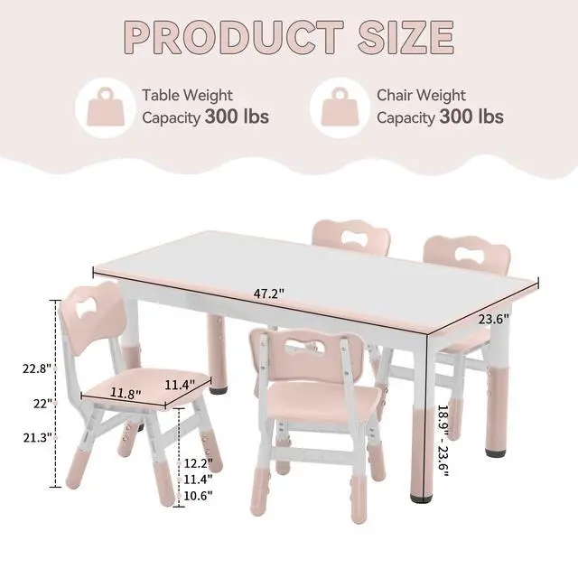 Alt view image 3 of 6 - Kids Study Table and Chairs Set, Height Adjustable Toddler Table and Chair Set for Kids Ages 3-8, Graffiti Desktop Plastic Children Art Table with 4 Seats, Lovely Pink