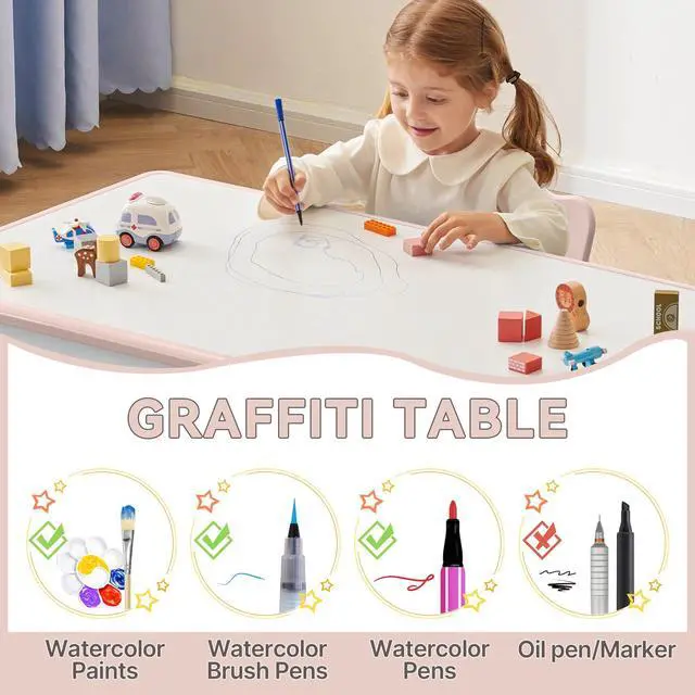 Alt view image 4 of 6 - Kids Study Table and Chairs Set, Height Adjustable Toddler Table and Chair Set for Kids Ages 3-8, Graffiti Desktop Plastic Children Art Table with 4 Seats, Lovely Pink