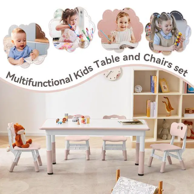 Alt view image 5 of 6 - Kids Study Table and Chairs Set, Height Adjustable Toddler Table and Chair Set for Kids Ages 3-8, Graffiti Desktop Plastic Children Art Table with 4 Seats, Lovely Pink