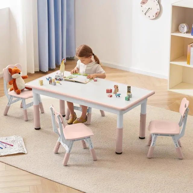 Alt view image 6 of 6 - Kids Study Table and Chairs Set, Height Adjustable Toddler Table and Chair Set for Kids Ages 3-8, Graffiti Desktop Plastic Children Art Table with 4 Seats, Lovely Pink