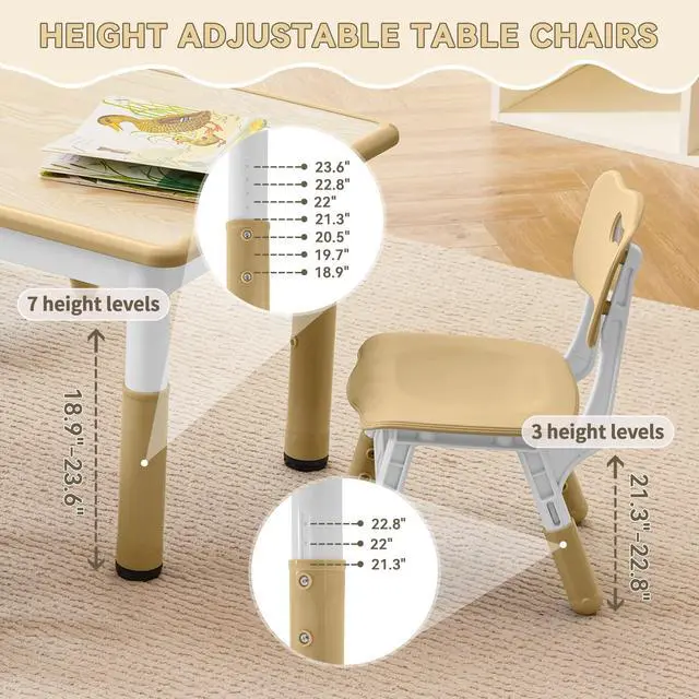 Alt view image 2 of 6 - Kids Study Table and Chairs Set, Height Adjustable Toddler Table and Chair Set for Kids Ages 3-8, Graffiti Desktop (Wooden Brown)
