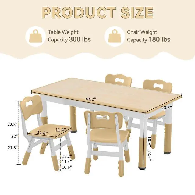 Alt view image 3 of 6 - Kids Study Table and Chairs Set, Height Adjustable Toddler Table and Chair Set for Kids Ages 3-8, Graffiti Desktop (Wooden Brown)