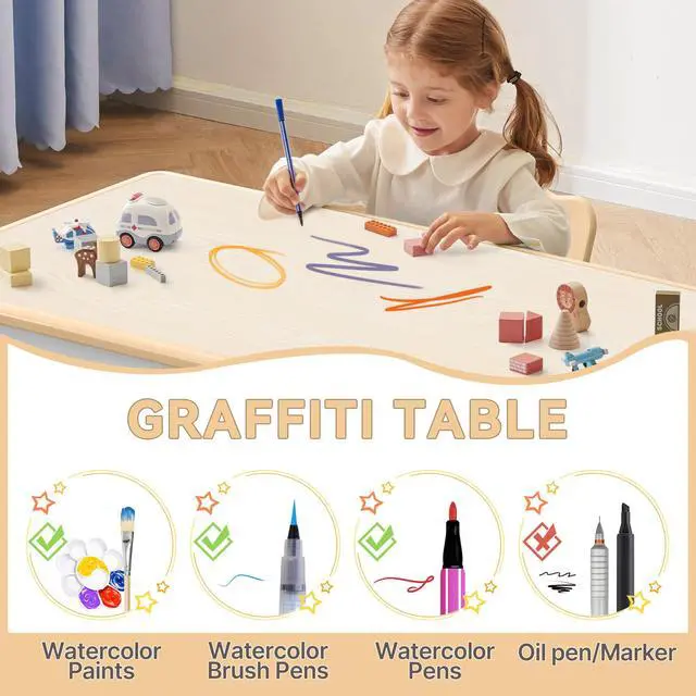 Alt view image 4 of 6 - Kids Study Table and Chairs Set, Height Adjustable Toddler Table and Chair Set for Kids Ages 3-8, Graffiti Desktop (Wooden Brown)