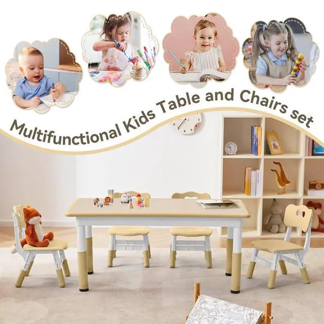 Alt view image 6 of 6 - Kids Study Table and Chairs Set, Height Adjustable Toddler Table and Chair Set for Kids Ages 3-8, Graffiti Desktop (Wooden Brown)