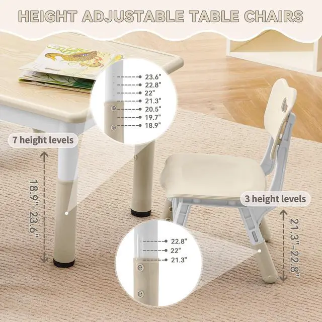 Alt view image 2 of 6 - Kids Study Table and Chairs Set, Height Adjustable Toddler Table and Chair Set for Kids Ages 3-8, Graffiti Desktop (Burlywood - 2)