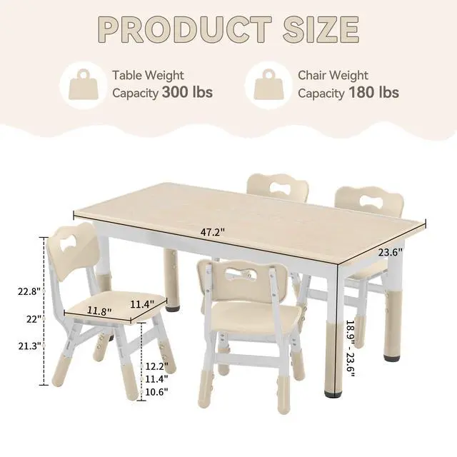 Alt view image 3 of 6 - Kids Study Table and Chairs Set, Height Adjustable Toddler Table and Chair Set for Kids Ages 3-8, Graffiti Desktop (Burlywood - 2)