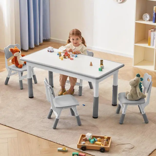Main image of Kids Study Table and Chairs Set, Height Adjustable Toddler Table and Chair Set for Kids Ages 3-8, Graffiti Desktop (Grey)