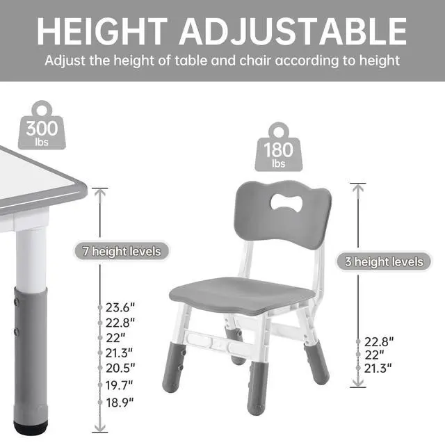 Alt view image 2 of 6 - Kids Study Table and Chairs Set, Height Adjustable Toddler Table and Chair Set for Kids Ages 3-8, Graffiti Desktop (Grey)