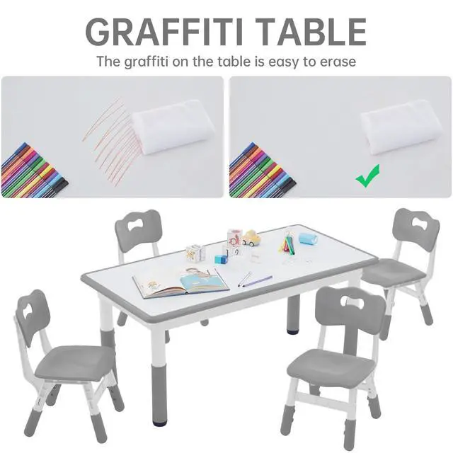 Alt view image 3 of 6 - Kids Study Table and Chairs Set, Height Adjustable Toddler Table and Chair Set for Kids Ages 3-8, Graffiti Desktop (Grey)