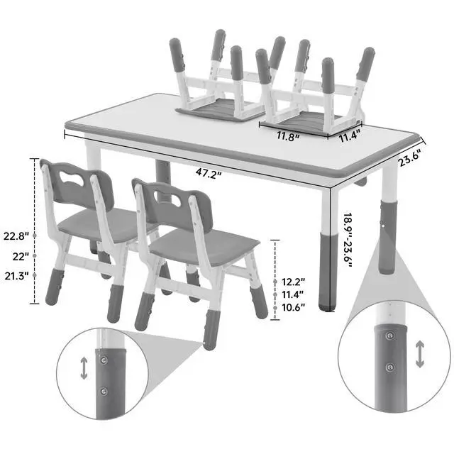 Alt view image 4 of 6 - Kids Study Table and Chairs Set, Height Adjustable Toddler Table and Chair Set for Kids Ages 3-8, Graffiti Desktop (Grey)