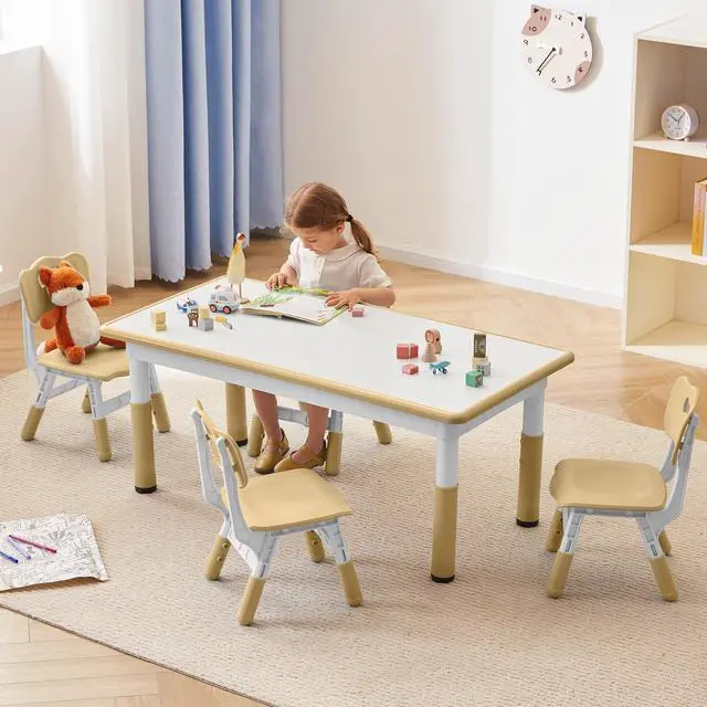 Main image of Kids Study Table and Chairs Set, Height Adjustable Toddler Table and Chair Set for Kids Ages 3-8, Graffiti Desktop (Light Brown)