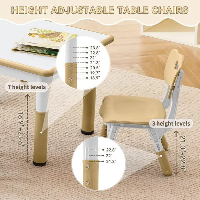 Alt view image 2 of 6 - Kids Study Table and Chairs Set, Height Adjustable Toddler Table and Chair Set for Kids Ages 3-8, Graffiti Desktop (Light Brown)