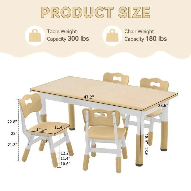 Alt view image 3 of 6 - Kids Study Table and Chairs Set, Height Adjustable Toddler Table and Chair Set for Kids Ages 3-8, Graffiti Desktop (Light Brown)