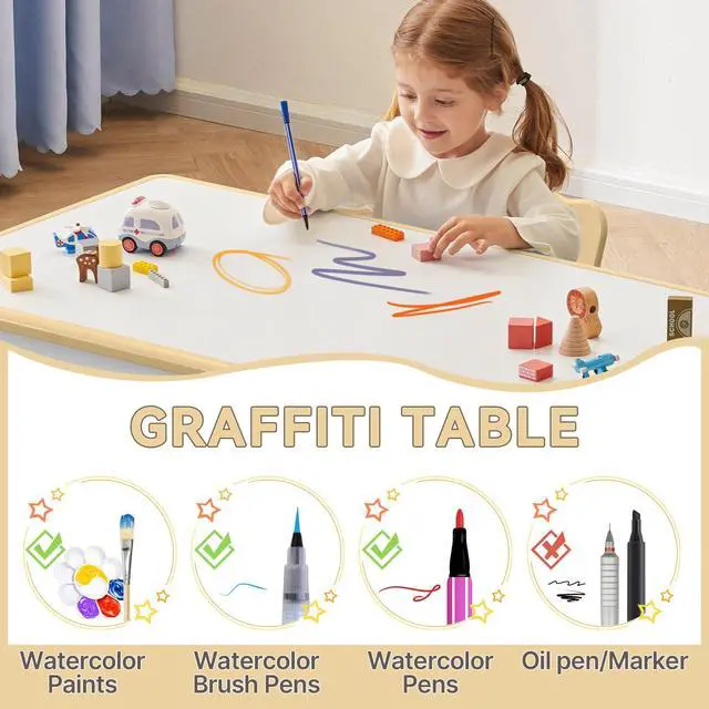 Alt view image 4 of 6 - Kids Study Table and Chairs Set, Height Adjustable Toddler Table and Chair Set for Kids Ages 3-8, Graffiti Desktop (Light Brown)