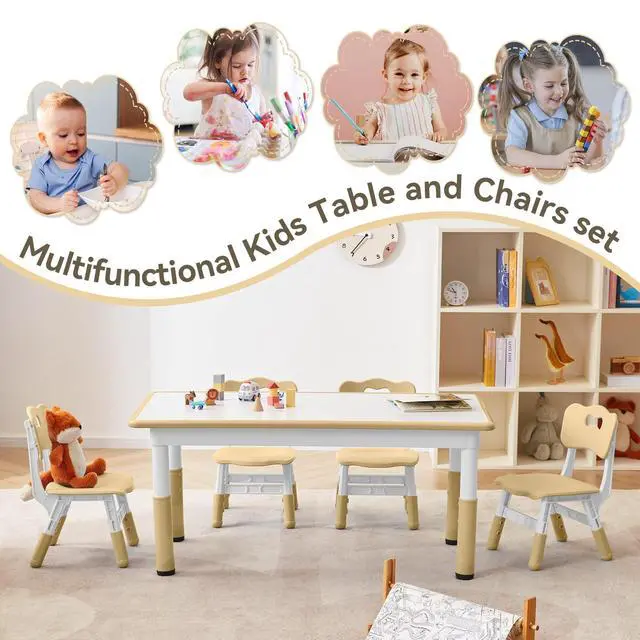Alt view image 6 of 6 - Kids Study Table and Chairs Set, Height Adjustable Toddler Table and Chair Set for Kids Ages 3-8, Graffiti Desktop (Light Brown)