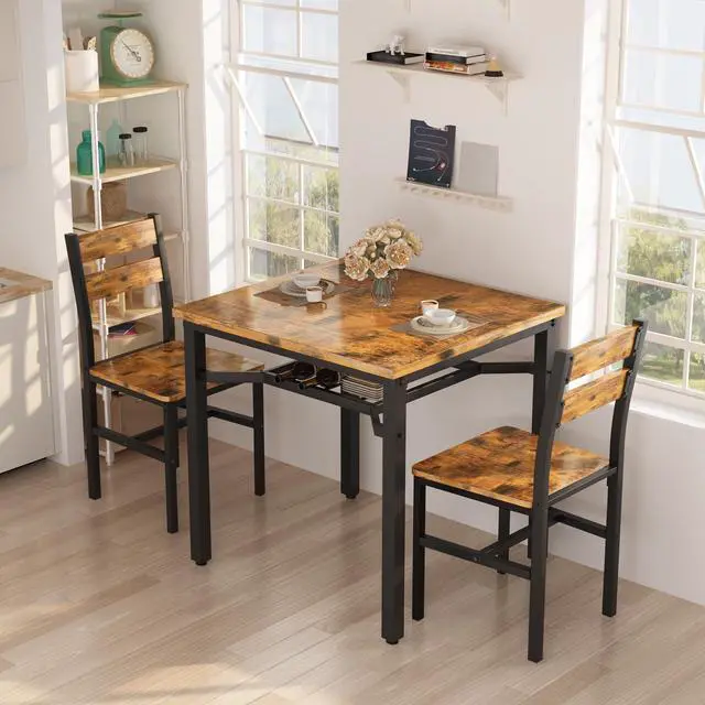 Main image of 3 Piece Dining Table Set for 2, Small Wooden Kitchen Table with Storage, Farmhouse Square Dinette Set for Dining Room, Breakfast Nook, Apartment, Small Space