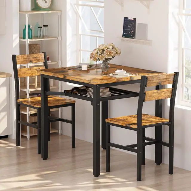 Alt view image 2 of 6 - 3 Piece Dining Table Set for 2, Small Wooden Kitchen Table with Storage, Farmhouse Square Dinette Set for Dining Room, Breakfast Nook, Apartment, Small Space