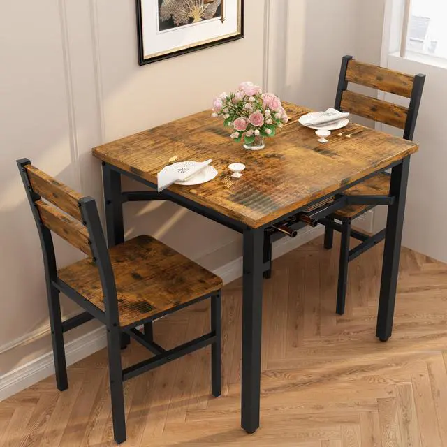 Alt view image 3 of 6 - 3 Piece Dining Table Set for 2, Small Wooden Kitchen Table with Storage, Farmhouse Square Dinette Set for Dining Room, Breakfast Nook, Apartment, Small Space