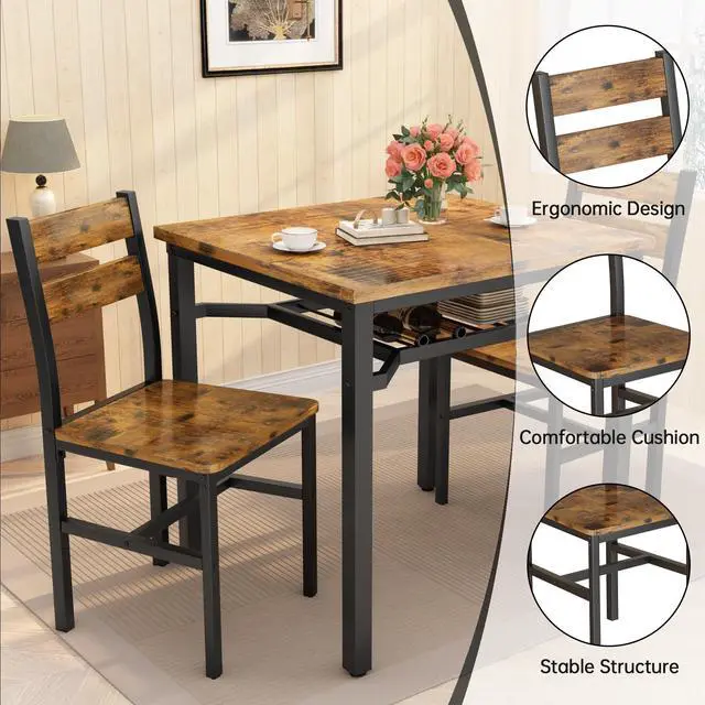 Alt view image 5 of 6 - 3 Piece Dining Table Set for 2, Small Wooden Kitchen Table with Storage, Farmhouse Square Dinette Set for Dining Room, Breakfast Nook, Apartment, Small Space