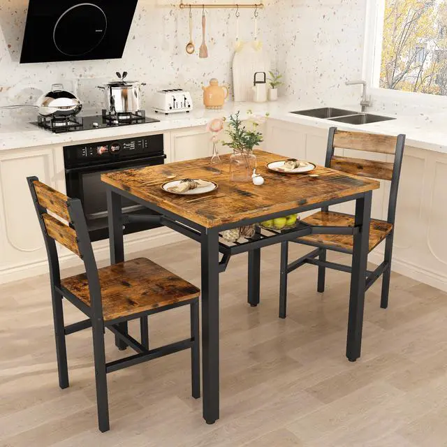 Alt view image 6 of 6 - 3 Piece Dining Table Set for 2, Small Wooden Kitchen Table with Storage, Farmhouse Square Dinette Set for Dining Room, Breakfast Nook, Apartment, Small Space