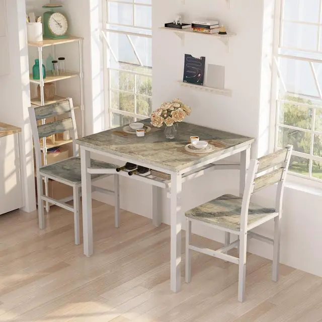 Main image of 3 Piece Dining Table Set for 2, Small Wooden Kitchen Table with Storage, Farmhouse Square Dinette Set for Dining Room, Breakfast Nook, Apartment, Small Space
