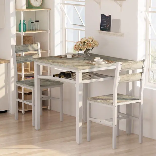 Alt view image 2 of 6 - 3 Piece Dining Table Set for 2, Small Wooden Kitchen Table with Storage, Farmhouse Square Dinette Set for Dining Room, Breakfast Nook, Apartment, Small Space