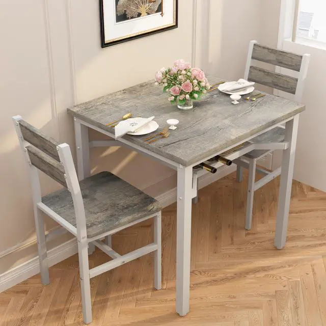 Alt view image 3 of 6 - 3 Piece Dining Table Set for 2, Small Wooden Kitchen Table with Storage, Farmhouse Square Dinette Set for Dining Room, Breakfast Nook, Apartment, Small Space