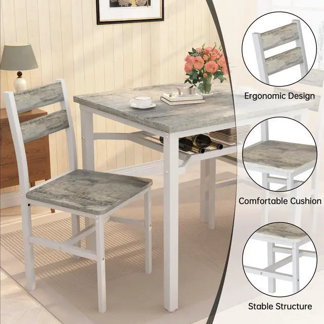 Alt view image 5 of 6 - 3 Piece Dining Table Set for 2, Small Wooden Kitchen Table with Storage, Farmhouse Square Dinette Set for Dining Room, Breakfast Nook, Apartment, Small Space
