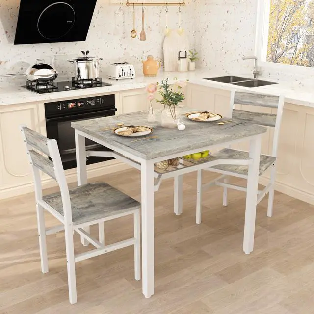 Alt view image 6 of 6 - 3 Piece Dining Table Set for 2, Small Wooden Kitchen Table with Storage, Farmhouse Square Dinette Set for Dining Room, Breakfast Nook, Apartment, Small Space