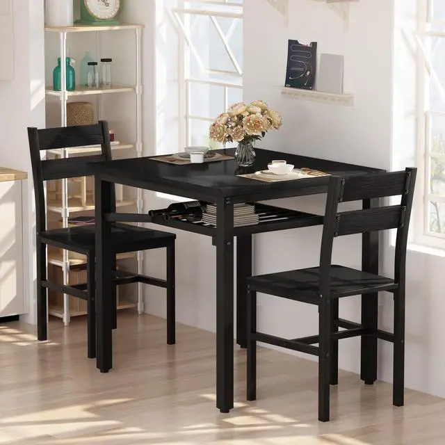 Alt view image 2 of 6 - 3 Piece Dining Table Set for 2, Small Wooden Kitchen Table with Storage, Farmhouse Square Dinette Set for Dining Room, Breakfast Nook, Apartment, Small Space
