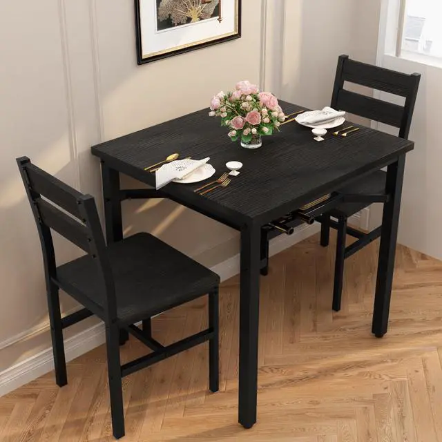 Alt view image 3 of 6 - 3 Piece Dining Table Set for 2, Small Wooden Kitchen Table with Storage, Farmhouse Square Dinette Set for Dining Room, Breakfast Nook, Apartment, Small Space