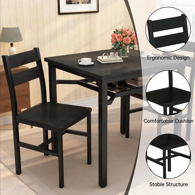 Alt view image 5 of 6 - 3 Piece Dining Table Set for 2, Small Wooden Kitchen Table with Storage, Farmhouse Square Dinette Set for Dining Room, Breakfast Nook, Apartment, Small Space