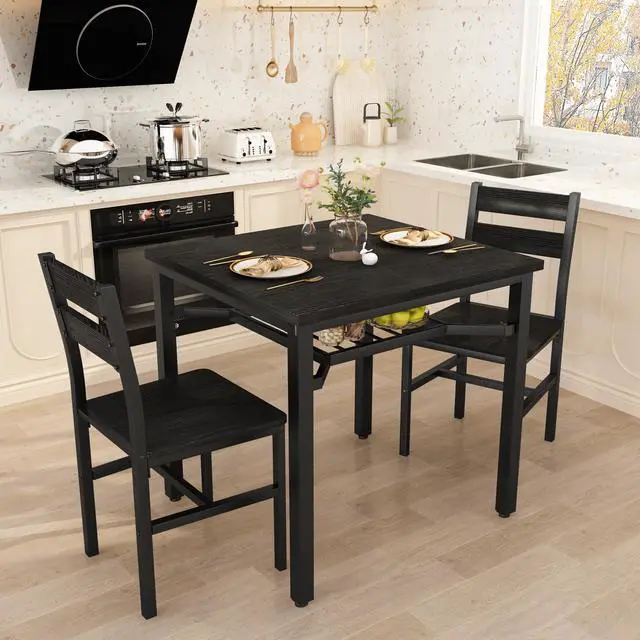Alt view image 6 of 6 - 3 Piece Dining Table Set for 2, Small Wooden Kitchen Table with Storage, Farmhouse Square Dinette Set for Dining Room, Breakfast Nook, Apartment, Small Space
