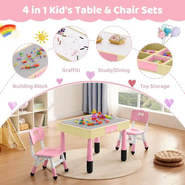 Alt view image 2 of 6 - 4 in 1 Kids Table and 2 Chairs Set with Storage, Toddler Table and Chair Set for Kids Ages 3-10, Graffiti & Building Blocks Double-Sided Tabletop (Pink, 2 Chairs)