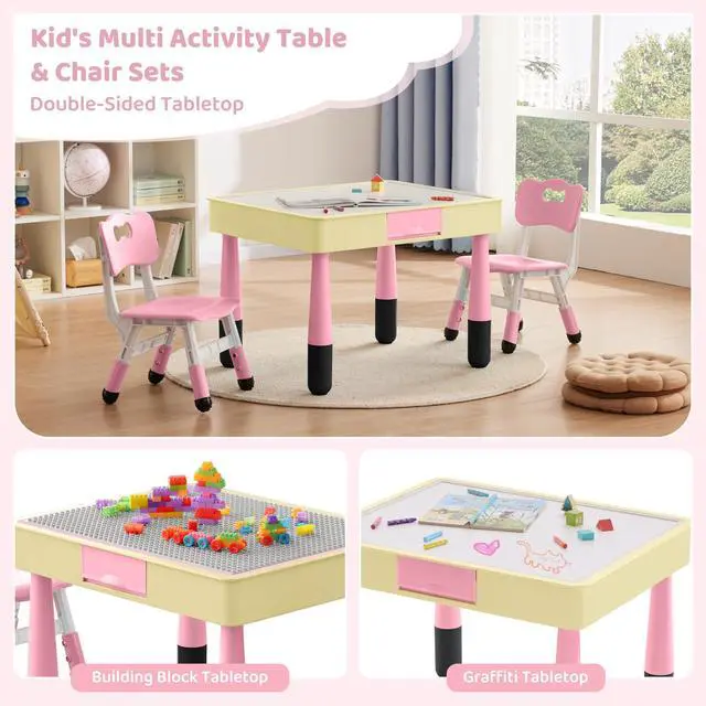 Alt view image 3 of 6 - 4 in 1 Kids Table and 2 Chairs Set with Storage, Toddler Table and Chair Set for Kids Ages 3-10, Graffiti & Building Blocks Double-Sided Tabletop (Pink, 2 Chairs)