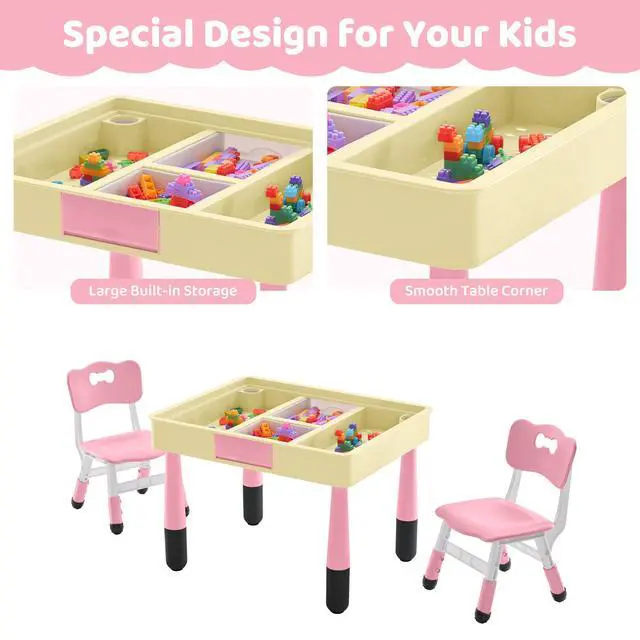 Alt view image 4 of 6 - 4 in 1 Kids Table and 2 Chairs Set with Storage, Toddler Table and Chair Set for Kids Ages 3-10, Graffiti & Building Blocks Double-Sided Tabletop (Pink, 2 Chairs)