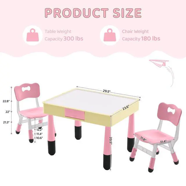 Alt view image 6 of 6 - 4 in 1 Kids Table and 2 Chairs Set with Storage, Toddler Table and Chair Set for Kids Ages 3-10, Graffiti & Building Blocks Double-Sided Tabletop (Pink, 2 Chairs)