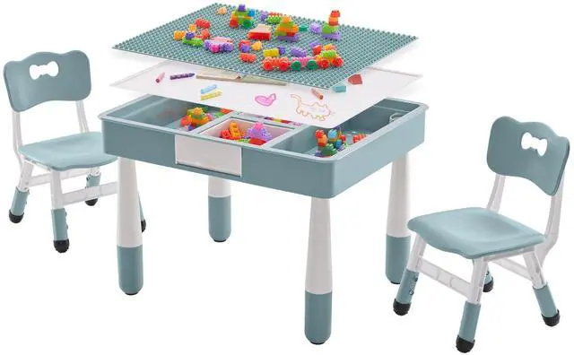 Main image of 4 in 1 Kids Table and 2 Chairs Set with Storage, Toddler Table and Chair Set for Kids Ages 3-10, Graffiti & Building Blocks Double-Sided Tabletop (Grayish Blue, 2 Chairs)