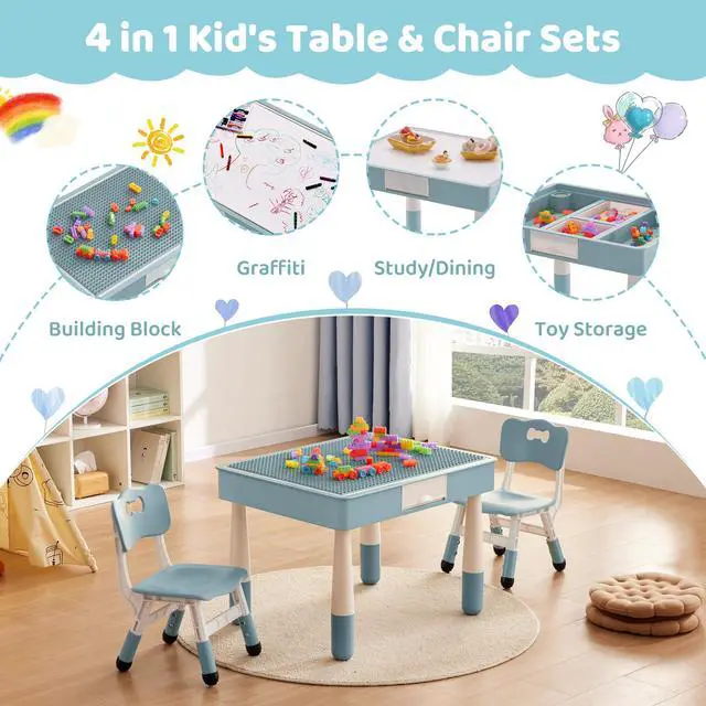 Alt view image 2 of 6 - 4 in 1 Kids Table and 2 Chairs Set with Storage, Toddler Table and Chair Set for Kids Ages 3-10, Graffiti & Building Blocks Double-Sided Tabletop (Grayish Blue, 2 Chairs)