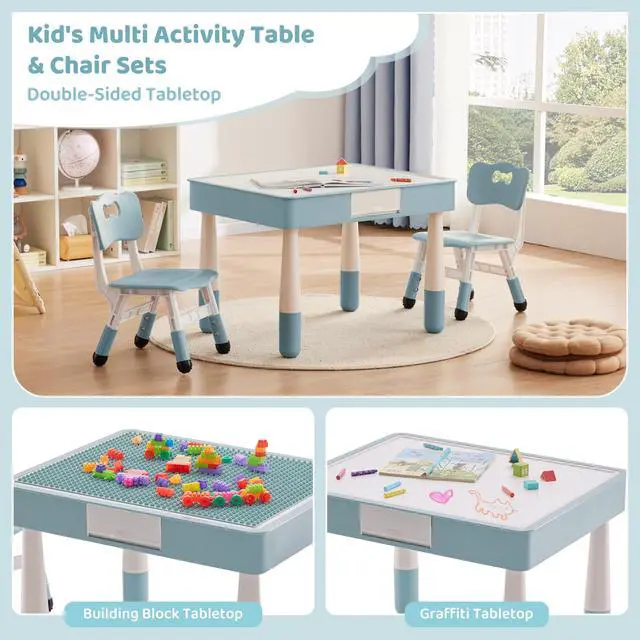 Alt view image 3 of 6 - 4 in 1 Kids Table and 2 Chairs Set with Storage, Toddler Table and Chair Set for Kids Ages 3-10, Graffiti & Building Blocks Double-Sided Tabletop (Grayish Blue, 2 Chairs)