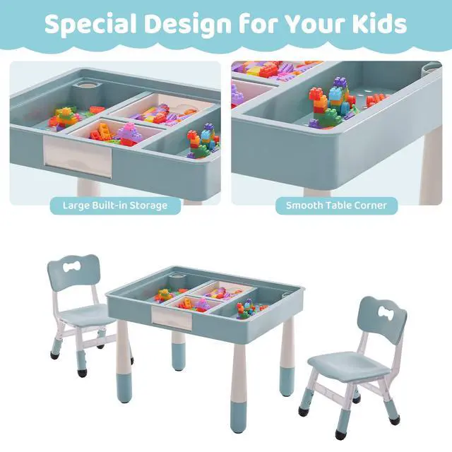 Alt view image 4 of 6 - 4 in 1 Kids Table and 2 Chairs Set with Storage, Toddler Table and Chair Set for Kids Ages 3-10, Graffiti & Building Blocks Double-Sided Tabletop (Grayish Blue, 2 Chairs)