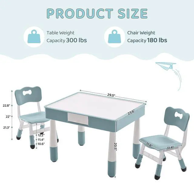 Alt view image 6 of 6 - 4 in 1 Kids Table and 2 Chairs Set with Storage, Toddler Table and Chair Set for Kids Ages 3-10, Graffiti & Building Blocks Double-Sided Tabletop (Grayish Blue, 2 Chairs)