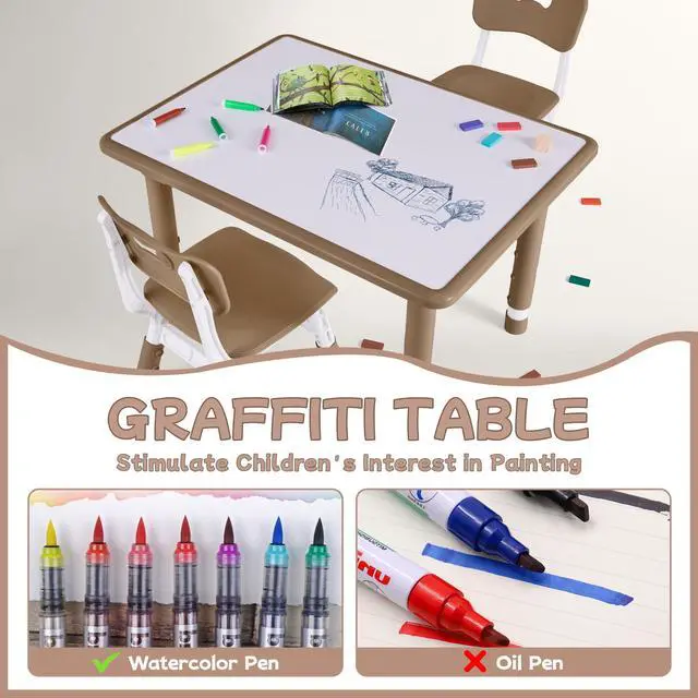 Alt view image 2 of 6 - Toddler Table and Chair Set, Height Adjustable-Upgrade Kids Table and 4 Chairs for Ages 3-8, Multi-Activity Toddler Play Table with Graffiti Desktop for Home/Daycare (4Chairs Brown)