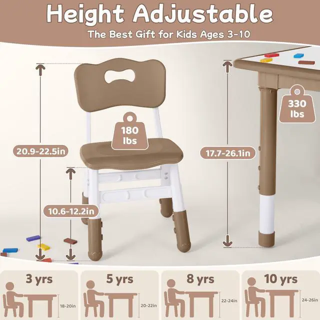Alt view image 3 of 6 - Toddler Table and Chair Set, Height Adjustable-Upgrade Kids Table and 4 Chairs for Ages 3-8, Multi-Activity Toddler Play Table with Graffiti Desktop for Home/Daycare (4Chairs Brown)