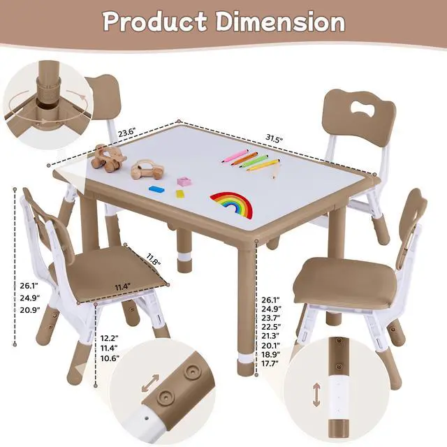 Alt view image 5 of 6 - Toddler Table and Chair Set, Height Adjustable-Upgrade Kids Table and 4 Chairs for Ages 3-8, Multi-Activity Toddler Play Table with Graffiti Desktop for Home/Daycare (4Chairs Brown)