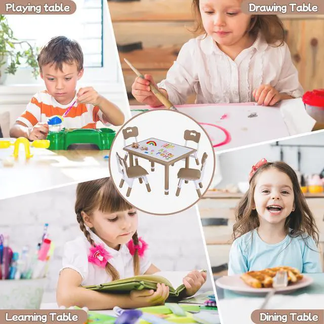 Alt view image 6 of 6 - Toddler Table and Chair Set, Height Adjustable-Upgrade Kids Table and 4 Chairs for Ages 3-8, Multi-Activity Toddler Play Table with Graffiti Desktop for Home/Daycare (4Chairs Brown)